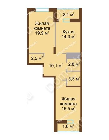 2 комнатная квартира 73,3 м² в ЖК Монолит, дом № 89, корп. 1, 2