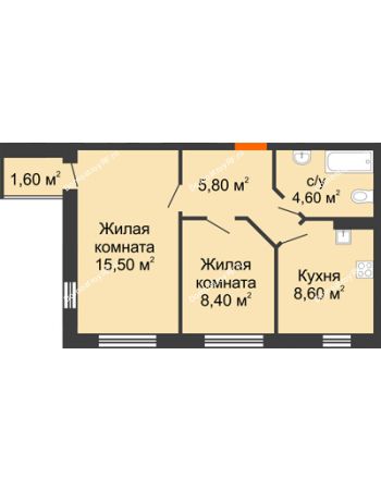 2 комнатная квартира 44,5 м² в ЖК Куйбышев, дом № 7