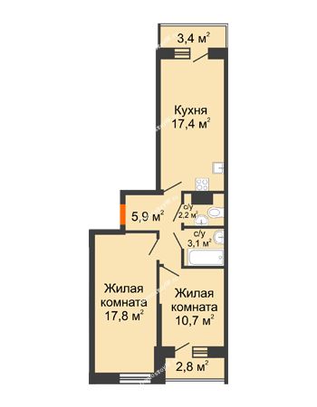 2 комнатная квартира 60,2 м² в ЖК Парк Победы, дом Литер 4